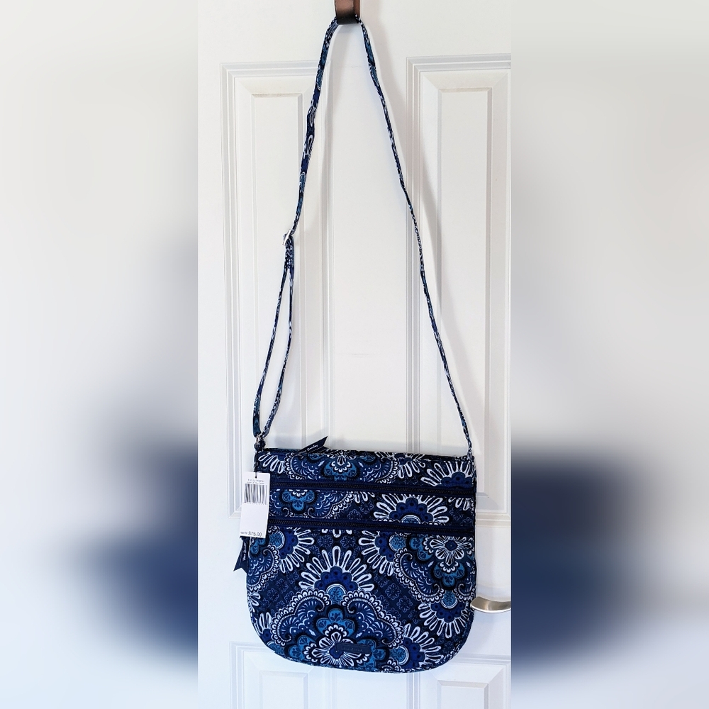 Vera Bradley Blue Tapestry Crossbody Purse, Trio Zip Hipster, Adjustable Strap